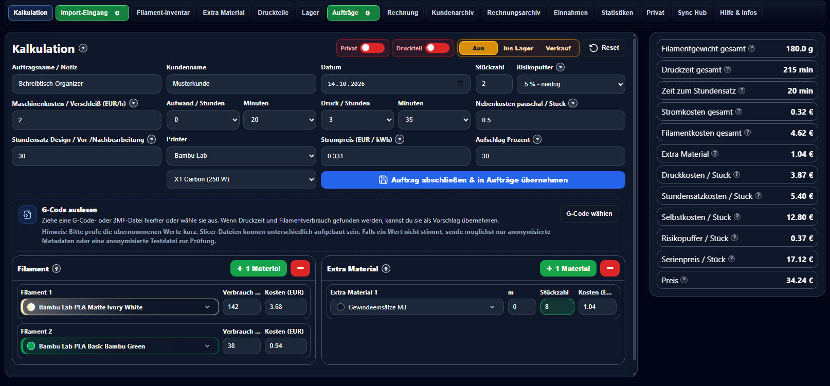 Kalkulation im Print Calc Manager